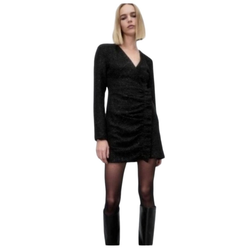 ZARA NEW Black Textured Weave with Silver Threading, Casual Dress- Size Large